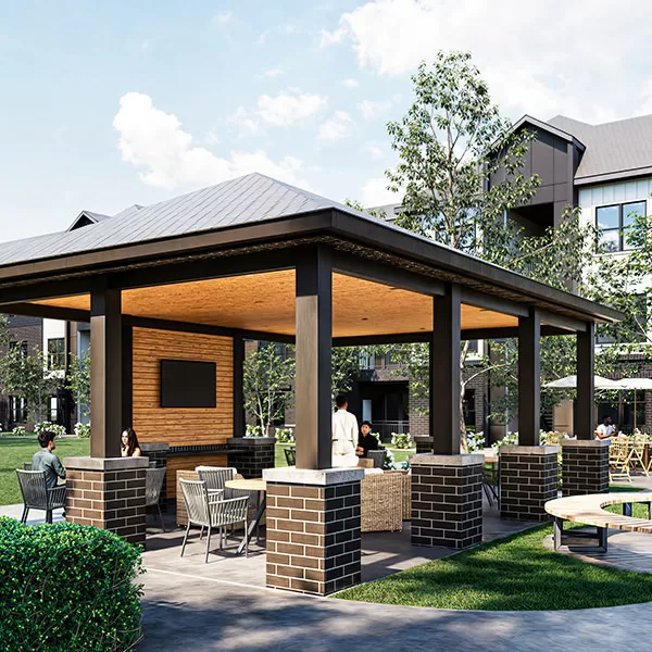 Artist’s rendering of the outdoor firepit area of The Chelsea, with a covered pavilion with seating.