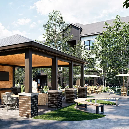 Artist’s rendering of the outdoor firepit area of The Chelsea, with a covered pavilion with seating.