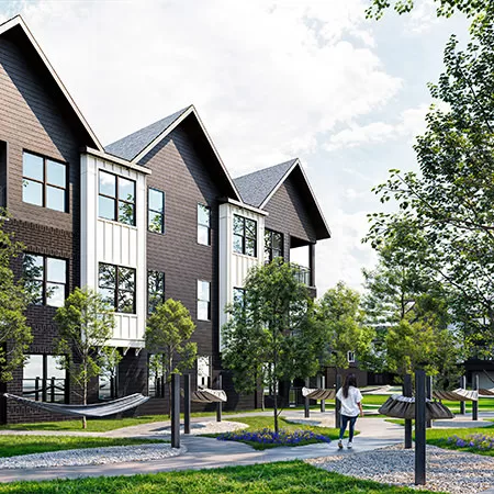 Architectural rendering of a Knoxville, Tennessee apartment complex showcasing a modern, three-story design with a landscaped hammock garden, tree-lined paths, and outdoor seating areas.