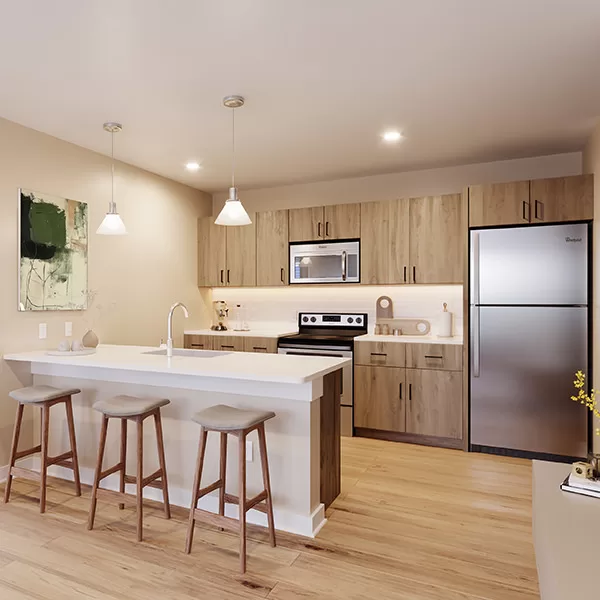 Artist’s rendering of a kitchen with an island, stainless steel appliances and quartz countertops.