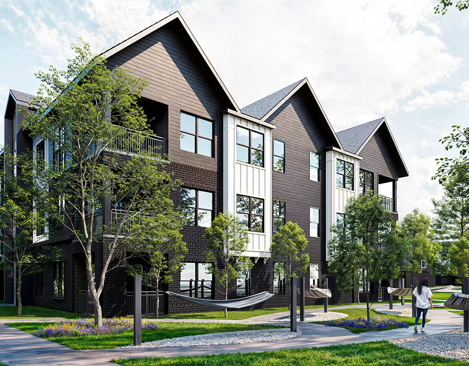 Architectural rendering of a Knoxville, Tennessee apartment complex showcasing a modern, three-story design with a landscaped hammock garden, tree-lined paths, and outdoor seating areas.